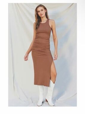 Dress Forum Brown Ribbed Midi Dress with Side Slit